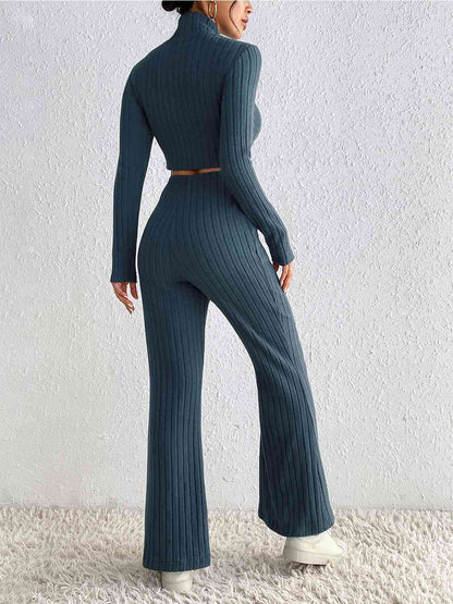 Mock Neck Cropped Sweater & High-Waist Pants - Set (7484223488088)