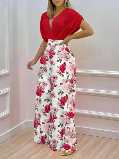 Printed Surplice Top & Wide Leg Pants Set (7484243705944)