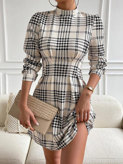 Houndstooth Mock Neck - Cinched Mini Dress (7505547395160)