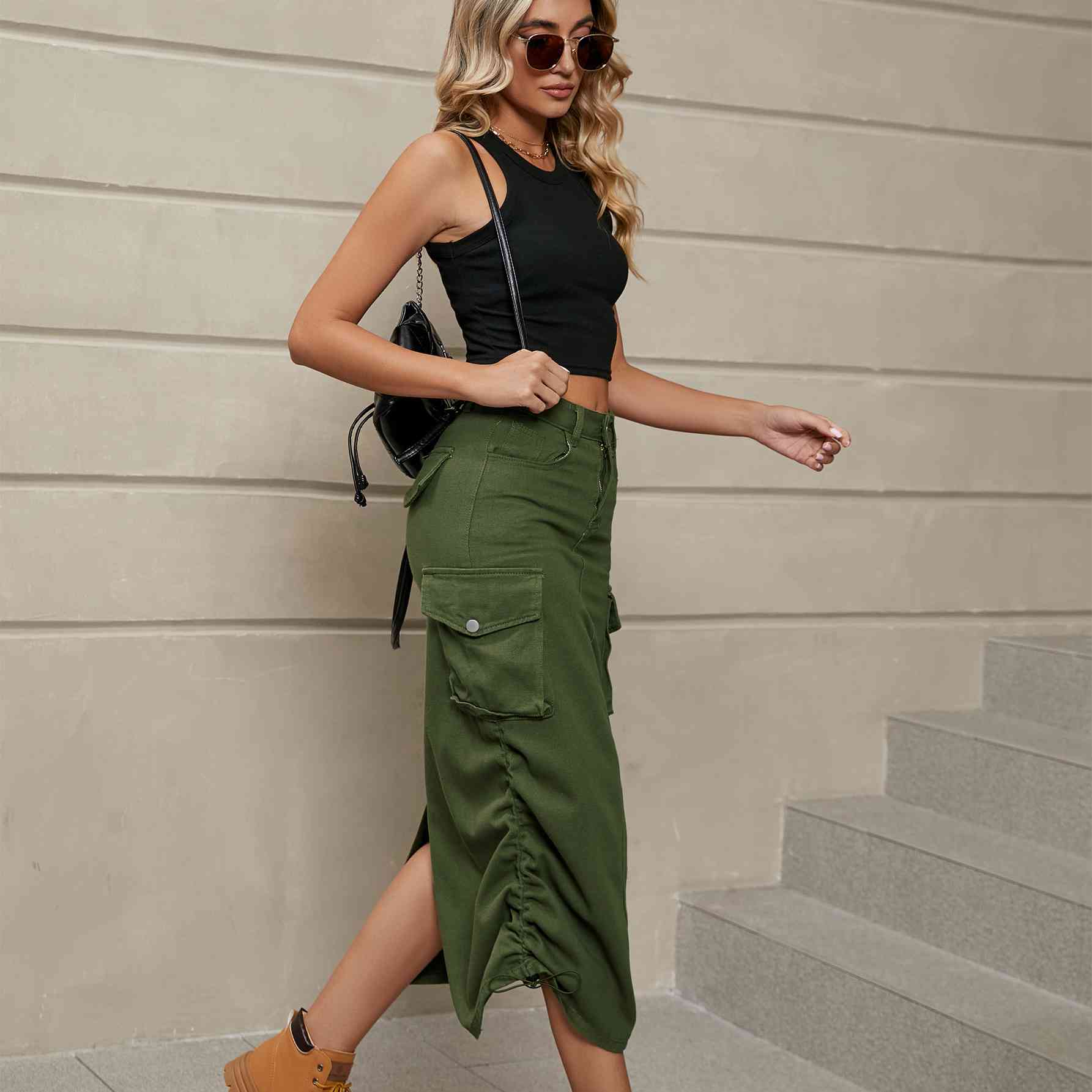 Ruch - Drawstring Ruched Slit Denim Midi Skirt (7500878020696)