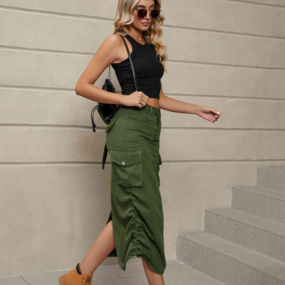 Ruch - Drawstring Ruched Slit Denim Midi Skirt (7500878020696)
