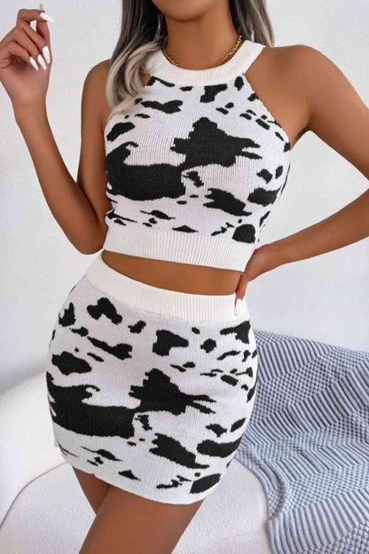 Cow Duh - Contrast Sleeveless Knit Top and Mini Skirt Set (7501467254872)