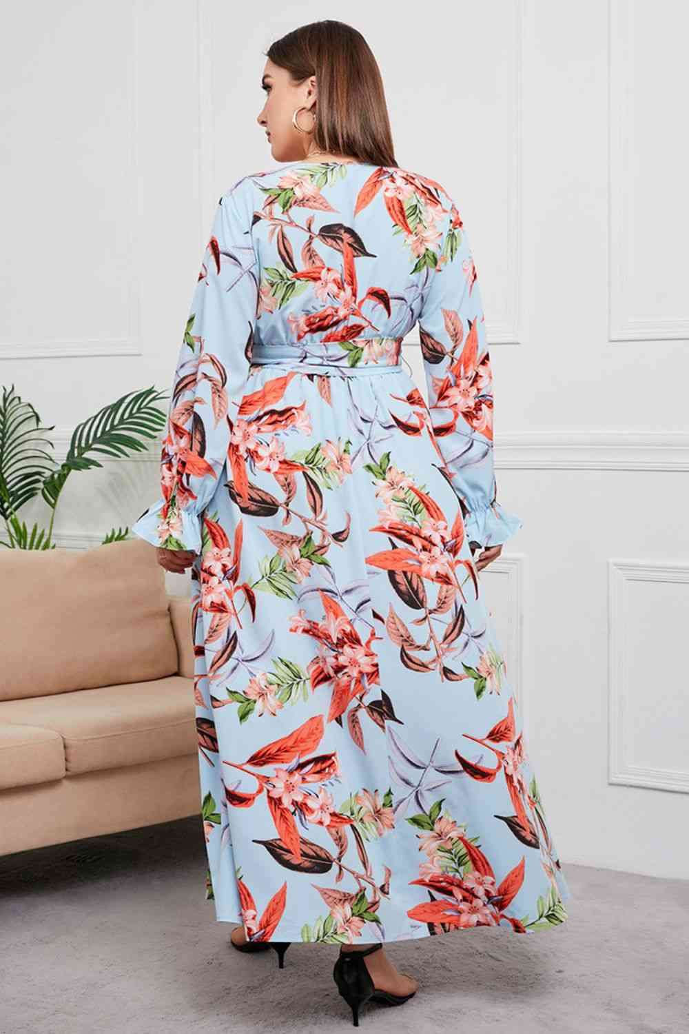 Plus-Size Belted Surplice Flounce Sleeve Maxi Dress (7515560149080)