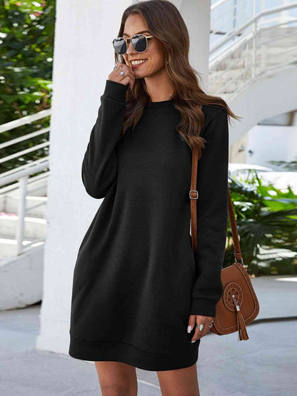 Round Neck Long Sleeves Mini Dress With Pockets (7505548410968)