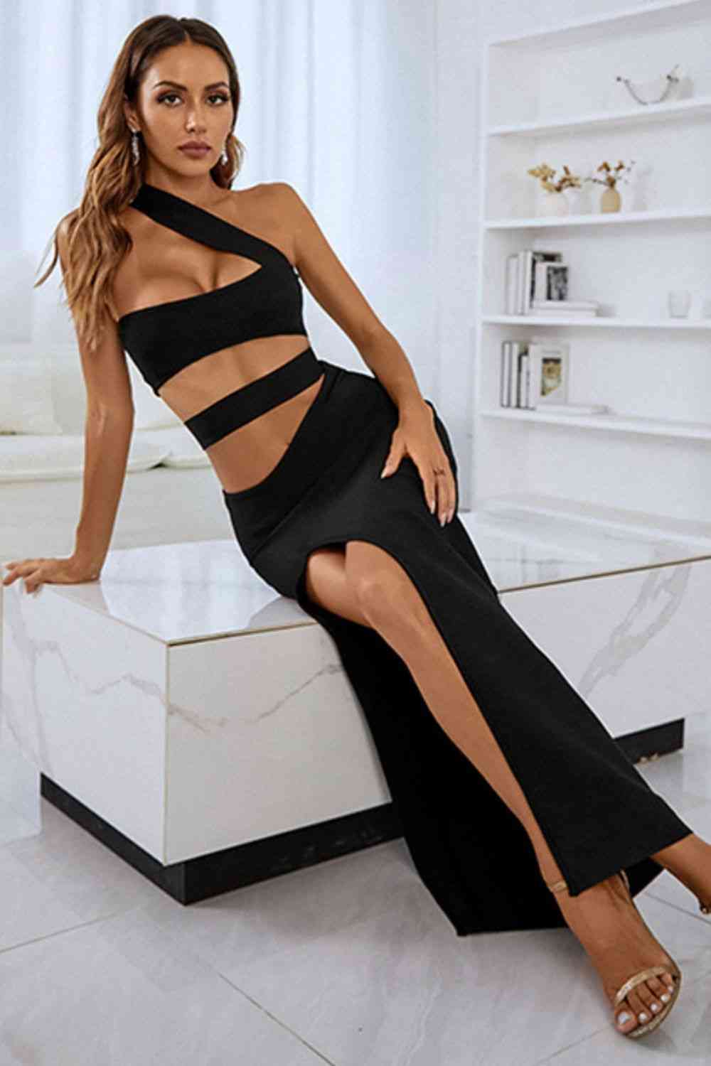 One-Shoulder Cut-Out Front Split Maxi Dress (7515566506072)