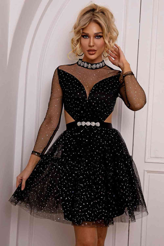 Sparkles & Mesh - Cutout Mock Neck Mesh Dress (7515682832472)