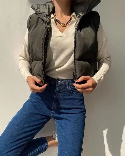 Sleeveless Zipped Stand Collar - Cotton Padded Vest (7516615704664)