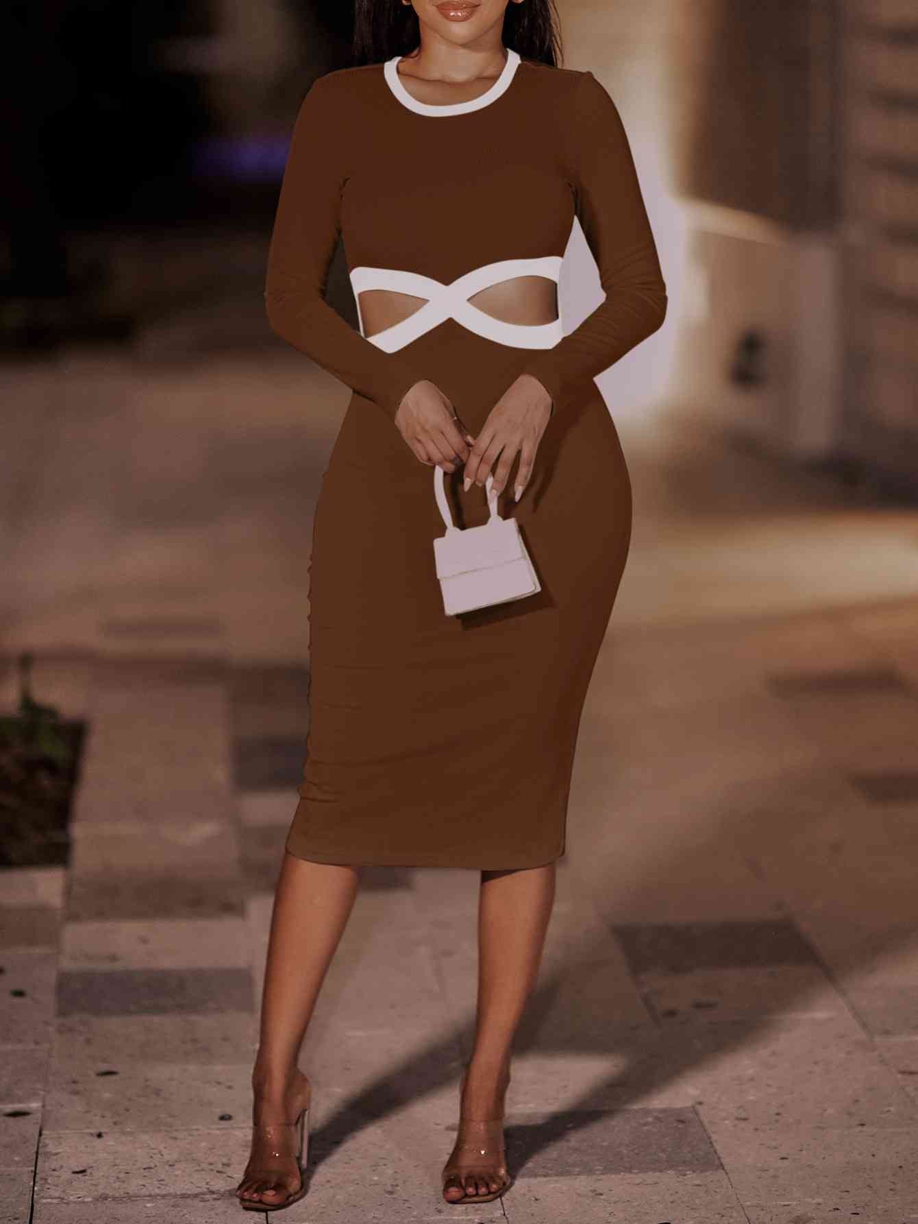 Bodycon - Contrast Cutout Ribbed Bodycon Dress (7516409266264)
