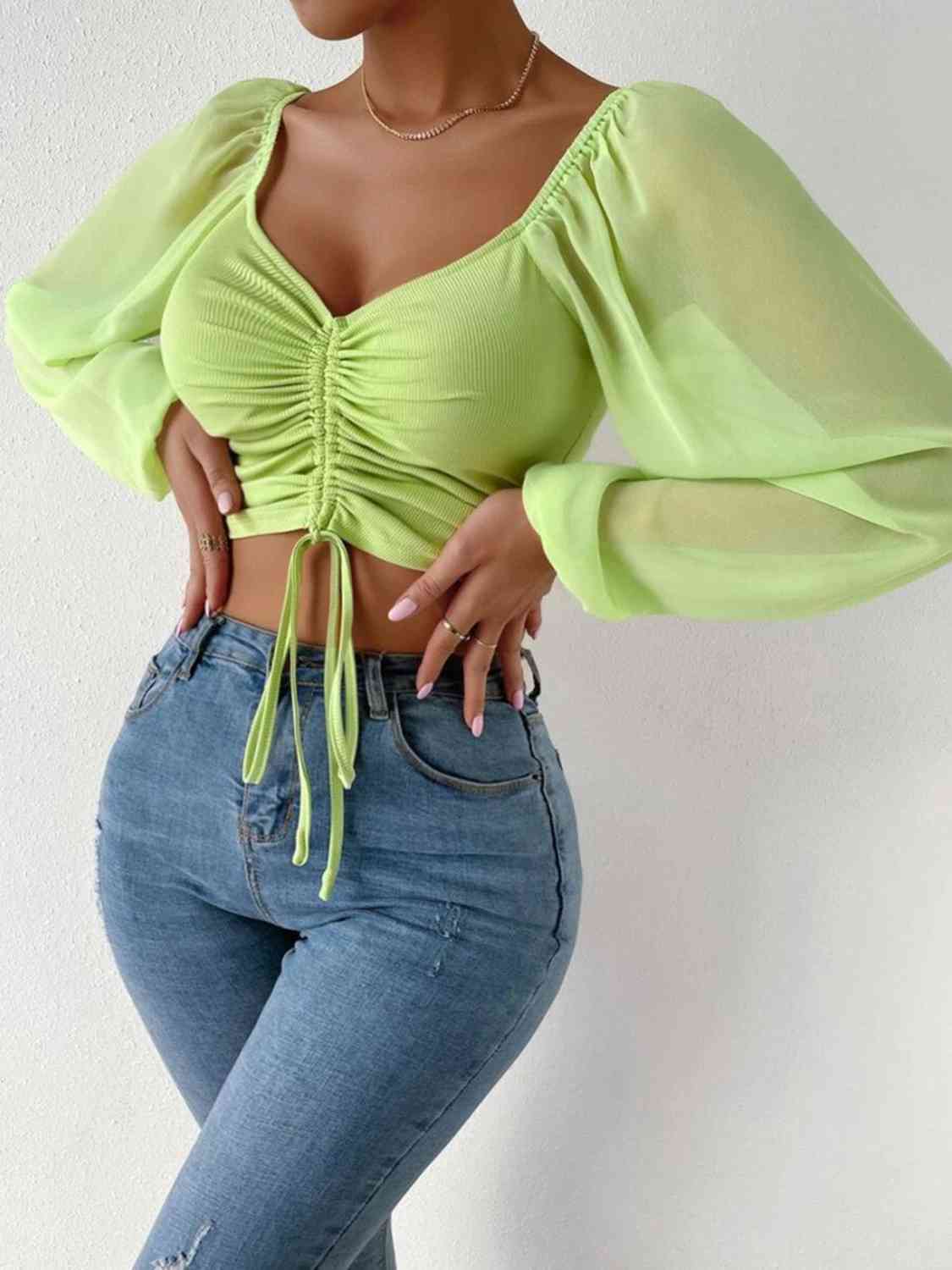 Ruched Blouse - Drawstring Sweetheart Neck Cropped Top (7501318914136)
