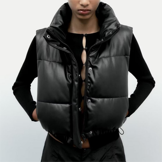 Stand-Collar Faux Leather Cotton Vest Jacket