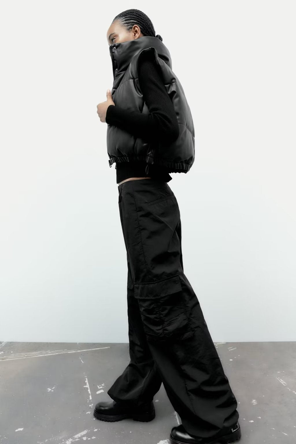 Stand-Collar Faux Leather Cotton Vest Jacket