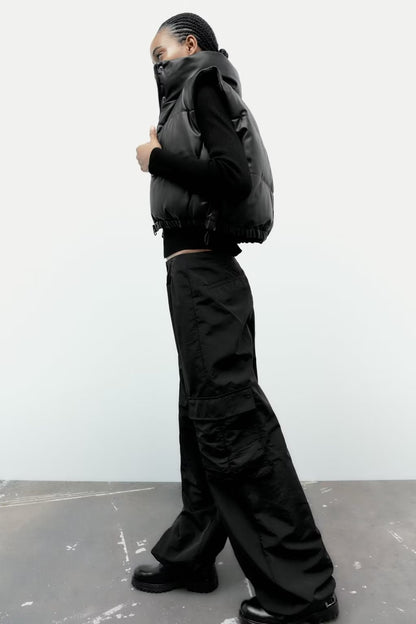 Stand-Collar Faux Leather Cotton Vest Jacket