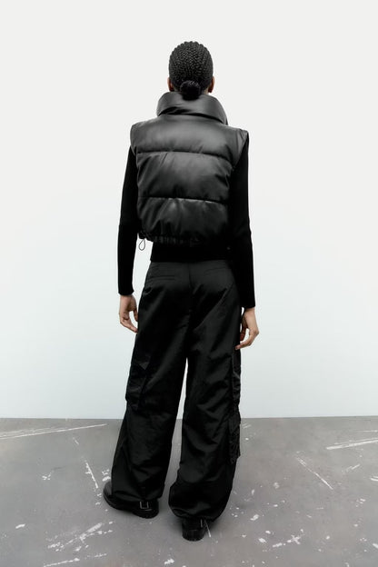 Stand-Collar Faux Leather Cotton Vest Jacket