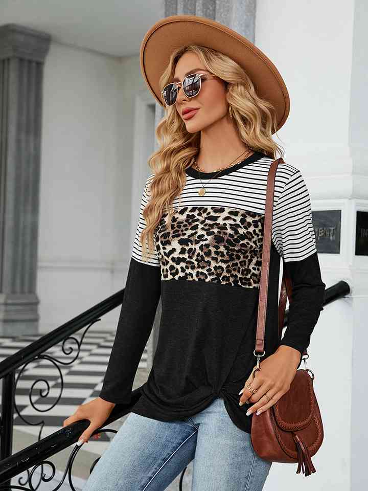 Leopardcheetahprint - Color Block Round Neck Long Sleeve Blouse (7501317439576)