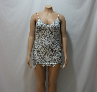 Plus-Size Deep V-Plunge Money Print Slip Dress (7516662923352)