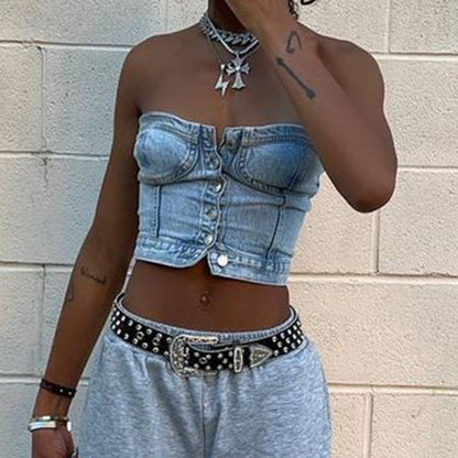 Slim-Fit Denim Vest - Crop-Top (7517893984344)