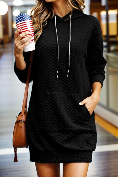 Little Black Hooded Dress - Drawstring Hooded Long Sleeve Mini Dress (7505547034712)