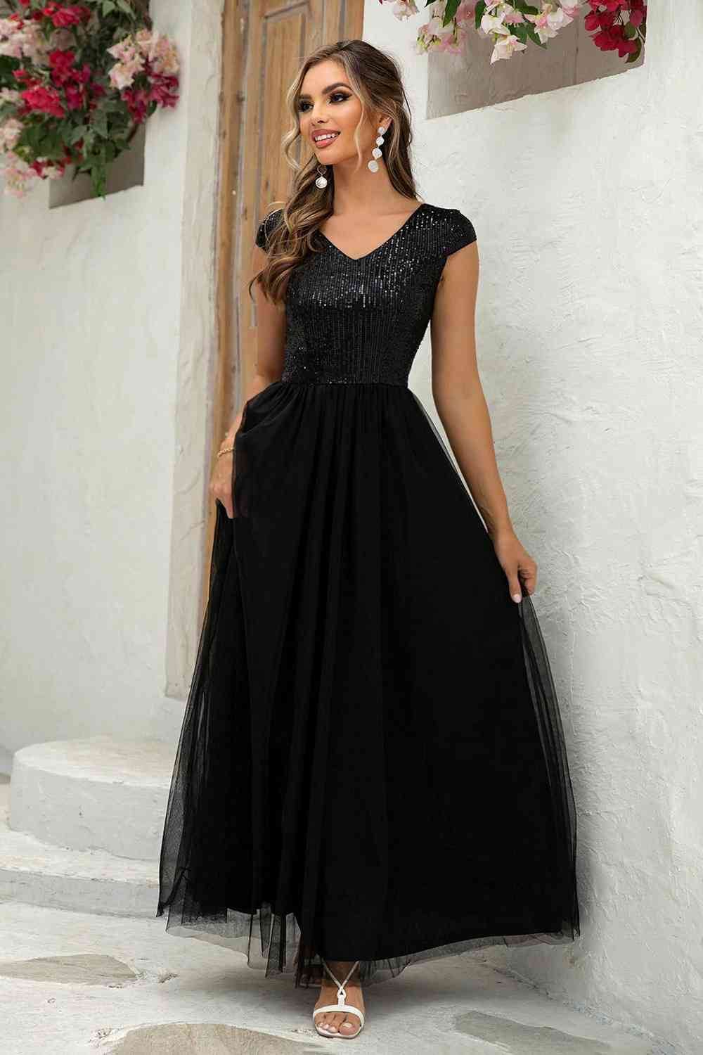 Sequin V-Neck Mesh Maxi Dress (7515520761944)