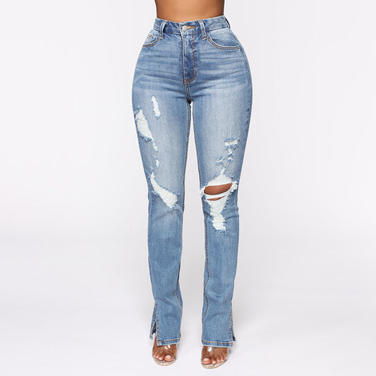 Distressed-Washed & High-Waist Stretch Denim Jeans