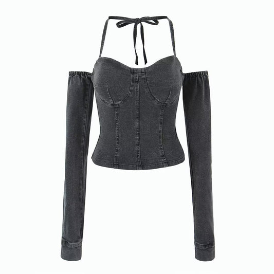 Off-The-Shoulder Tube Top Halter Lace-Up Line Long Sleeves Corset Style Slim-Fit Denim Top (7518483808344)