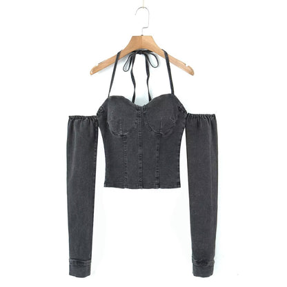 Off-The-Shoulder Tube Top Halter Lace-Up Line Long Sleeves Corset Style Slim-Fit Denim Top (7518483808344)