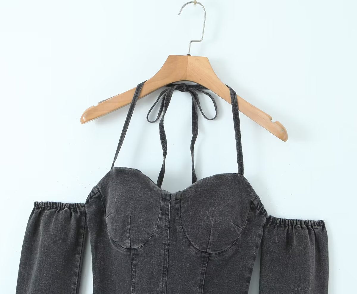 Off-The-Shoulder Tube Top Halter Lace-Up Line Long Sleeves Corset Style Slim-Fit Denim Top (7518483808344)