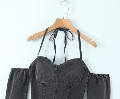 Off-The-Shoulder Tube Top Halter Lace-Up Line Long Sleeves Corset Style Slim-Fit Denim Top (7518483808344)