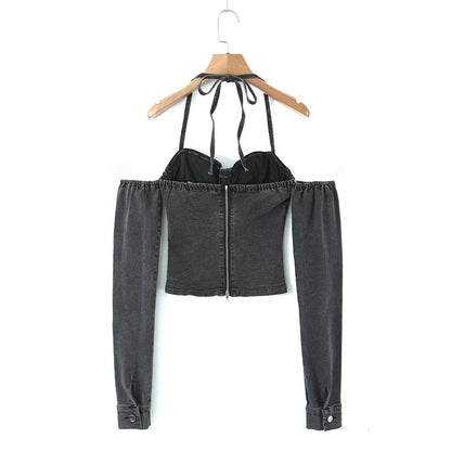 Off-The-Shoulder Tube Top Halter Lace-Up Line Long Sleeves Corset Style Slim-Fit Denim Top (7518483808344)