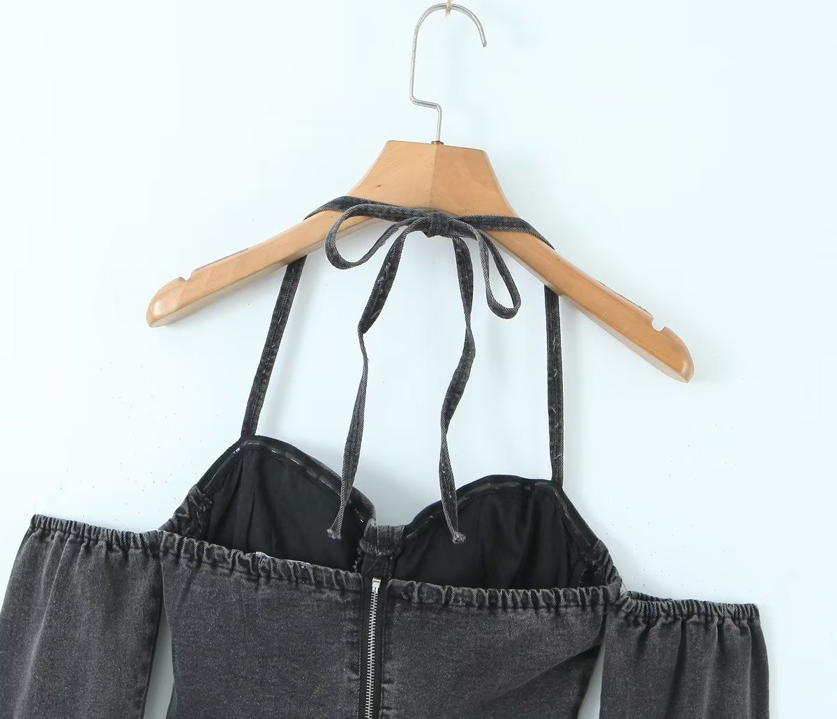 Off-The-Shoulder Tube Top Halter Lace-Up Line Long Sleeves Corset Style Slim-Fit Denim Top (7518483808344)