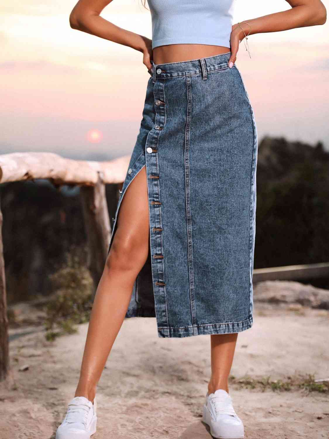 Denim - Button Down Denim Skirt (7486619025496)