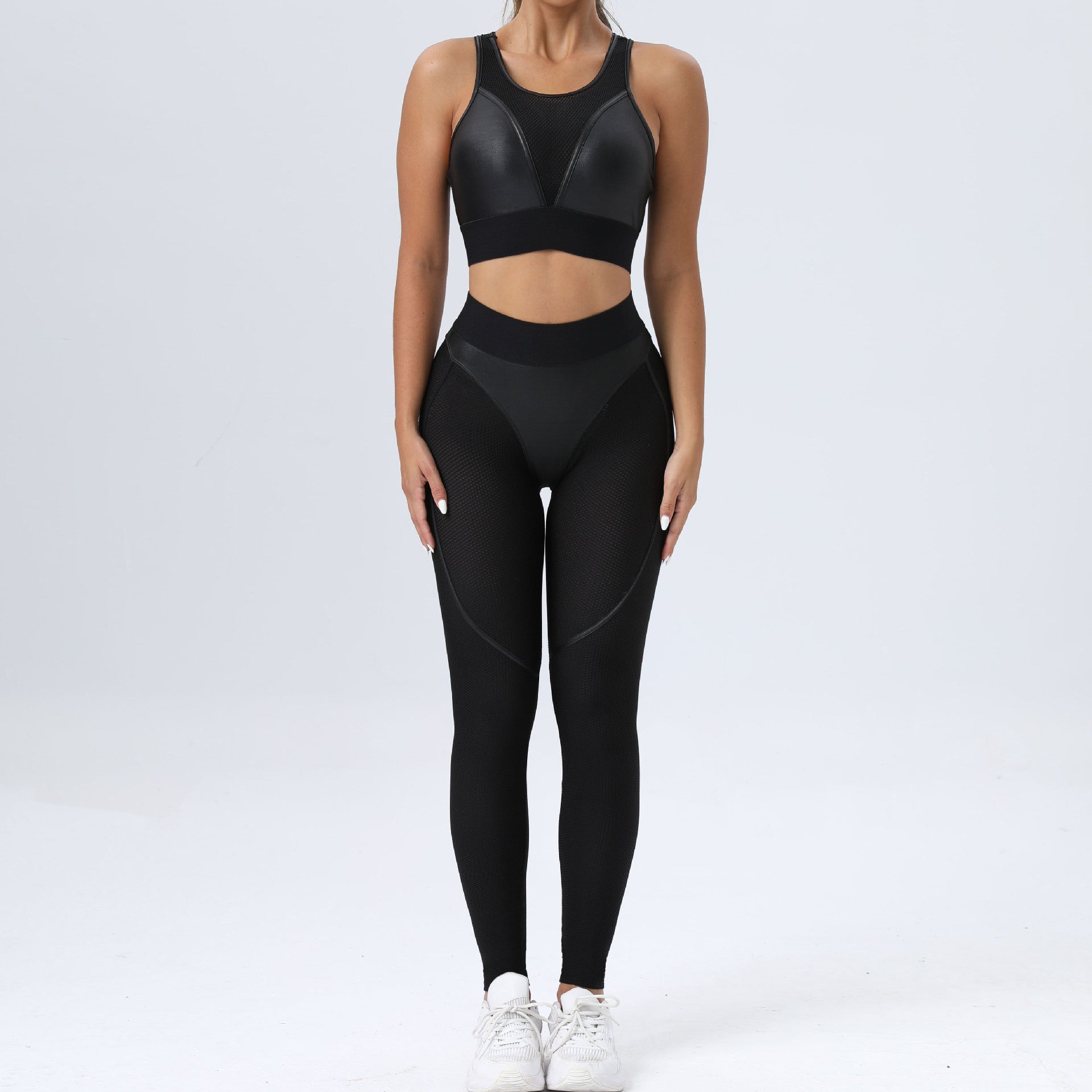 Robotic - Color Block Patchwork Sports Bra & Hip Lifting Pants Two-Piece Set (7516855861336)
