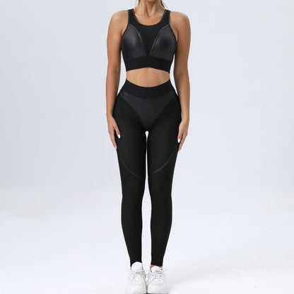 Robotic - Color Block Patchwork Sports Bra & Hip Lifting Pants Two-Piece Set (7516855861336)