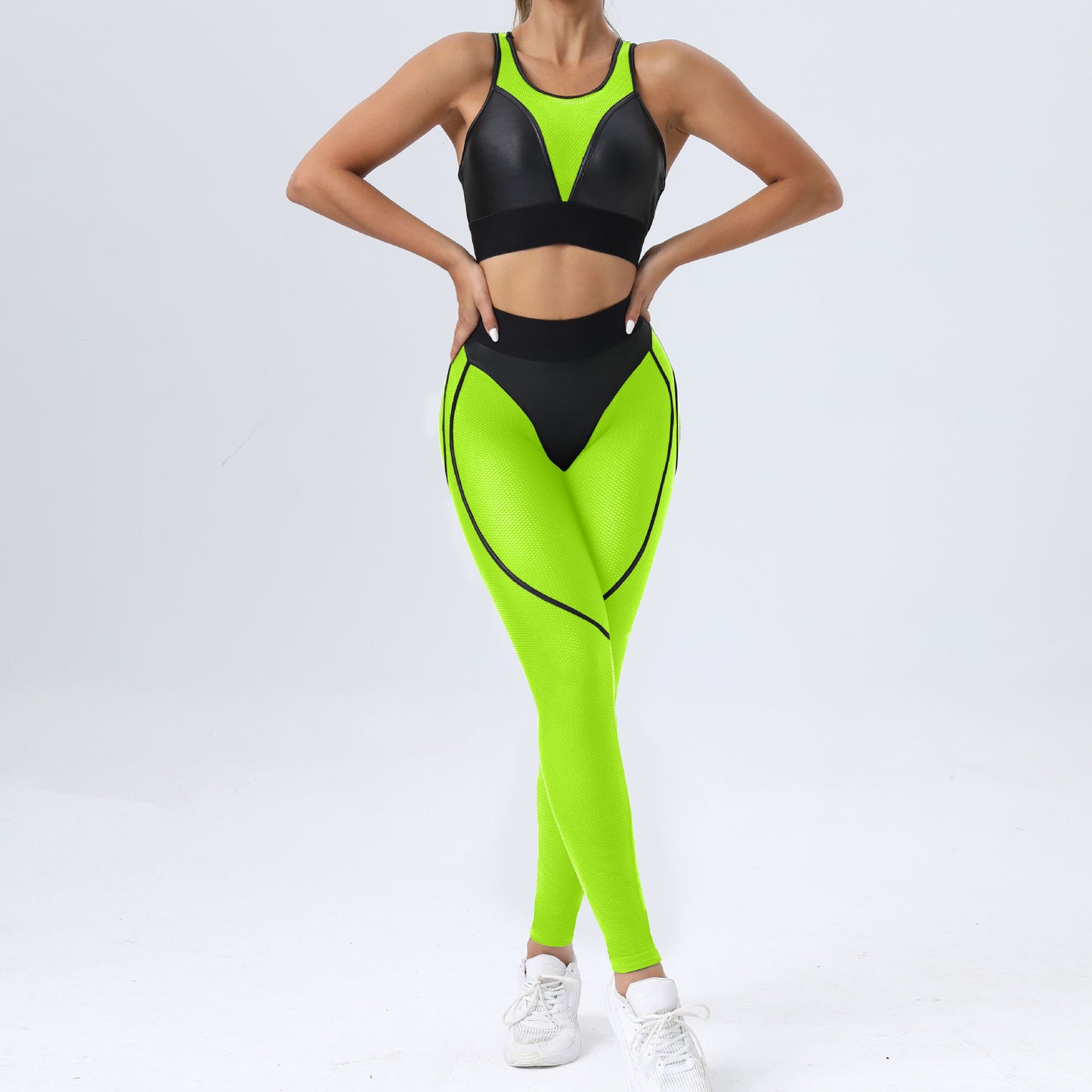 Robotic - Color Block Patchwork Sports Bra & Hip Lifting Pants Two-Piece Set (7516855861336)
