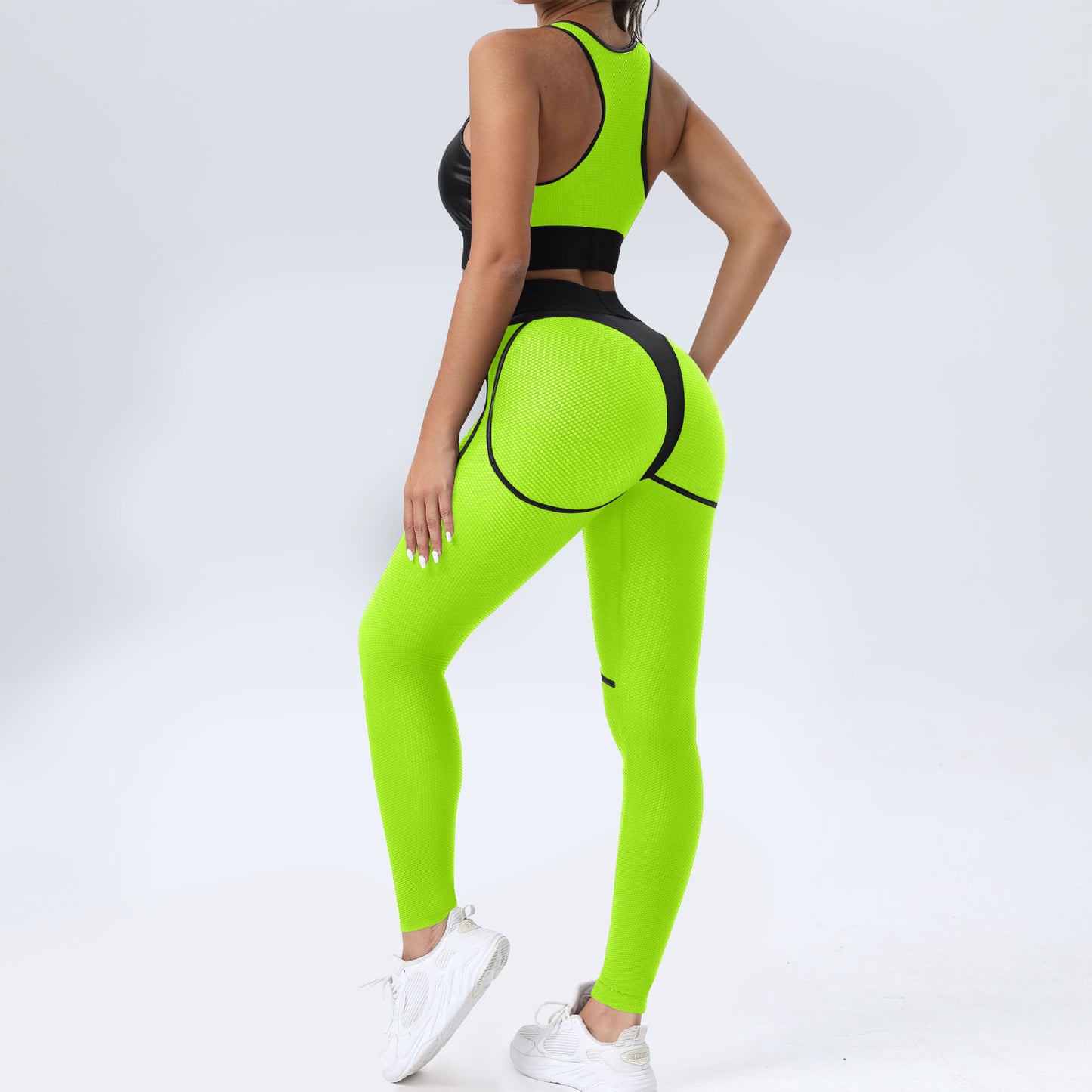 Robotic - Color Block Patchwork Sports Bra & Hip Lifting Pants Two-Piece Set (7516855861336)