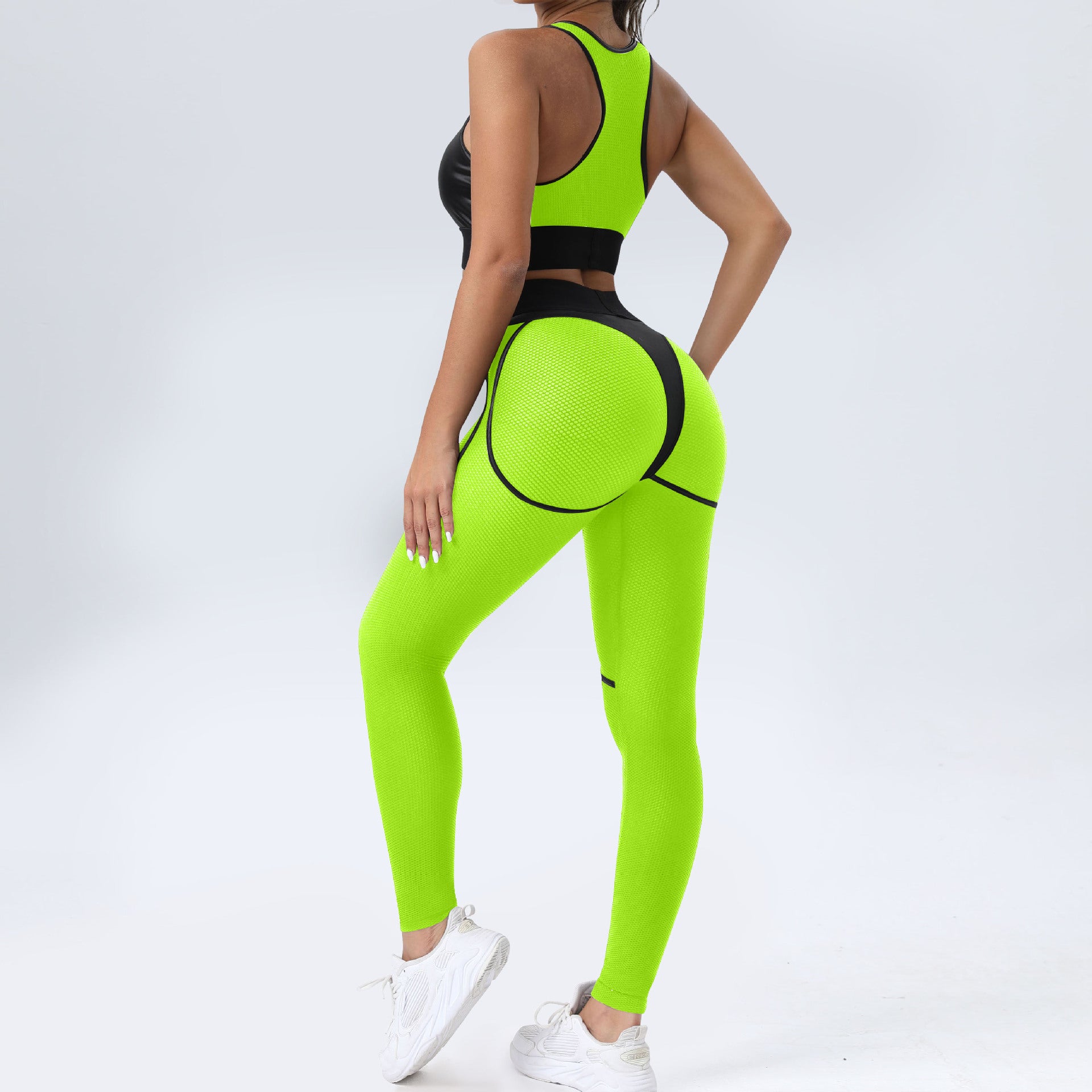 Robotic - Color Block Patchwork Sports Bra & Hip Lifting Pants Two-Piece Set (7516855861336)