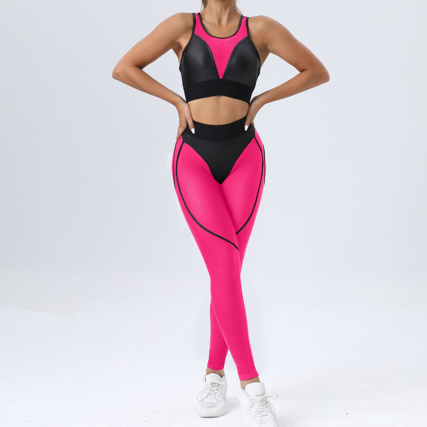 Robotic - Color Block Patchwork Sports Bra & Hip Lifting Pants Two-Piece Set (7516855861336)