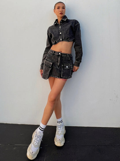 Polo-Collar Crop-Top Long Sleeves & High-Waist Pocket Skirt Two-Piece Set (7524297834584)