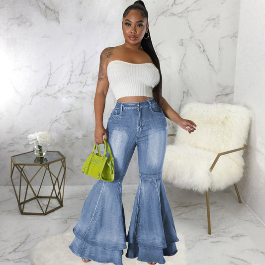 Flared Wide Leg Stretchy-Washed Denim Jeans (7524740628568)