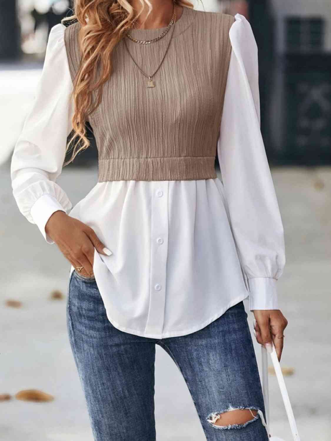 Blouse Like That - Contrast Round Neck Puff Sleeve Blouse (7501314064472)