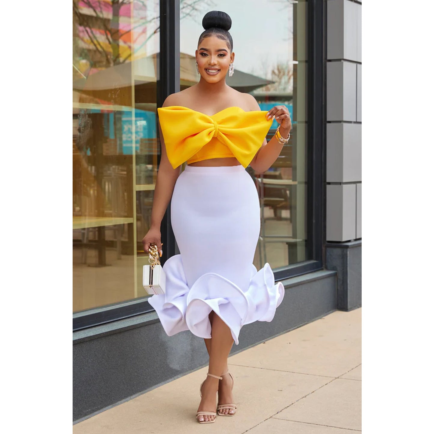 Sleeveless Bow Tube-Top & 3D Hip Skirt Two-Piece Set (7524278042712)