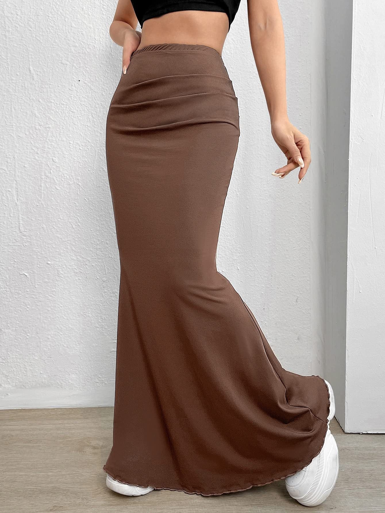 Black/Brown Solid Color Knitted Fishtail Skirt