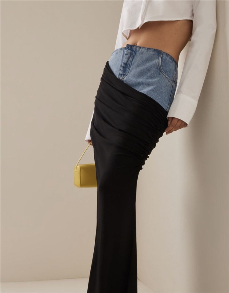Modern High-Waist Solid Color Spandex & Denim Skirt (7522338603096)