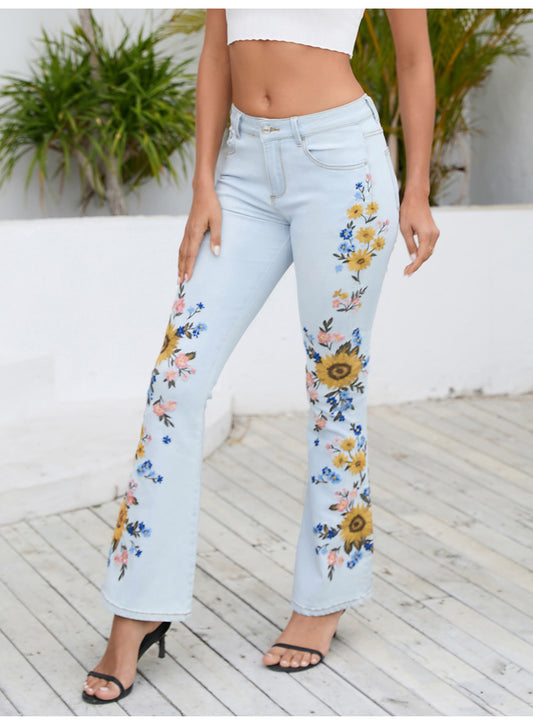 Embroidery Flared Denim Jeans