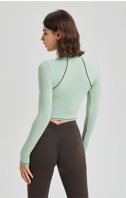 Contrast Color Long Sleeves Mousse-Tight Sports Top (7524754292824)