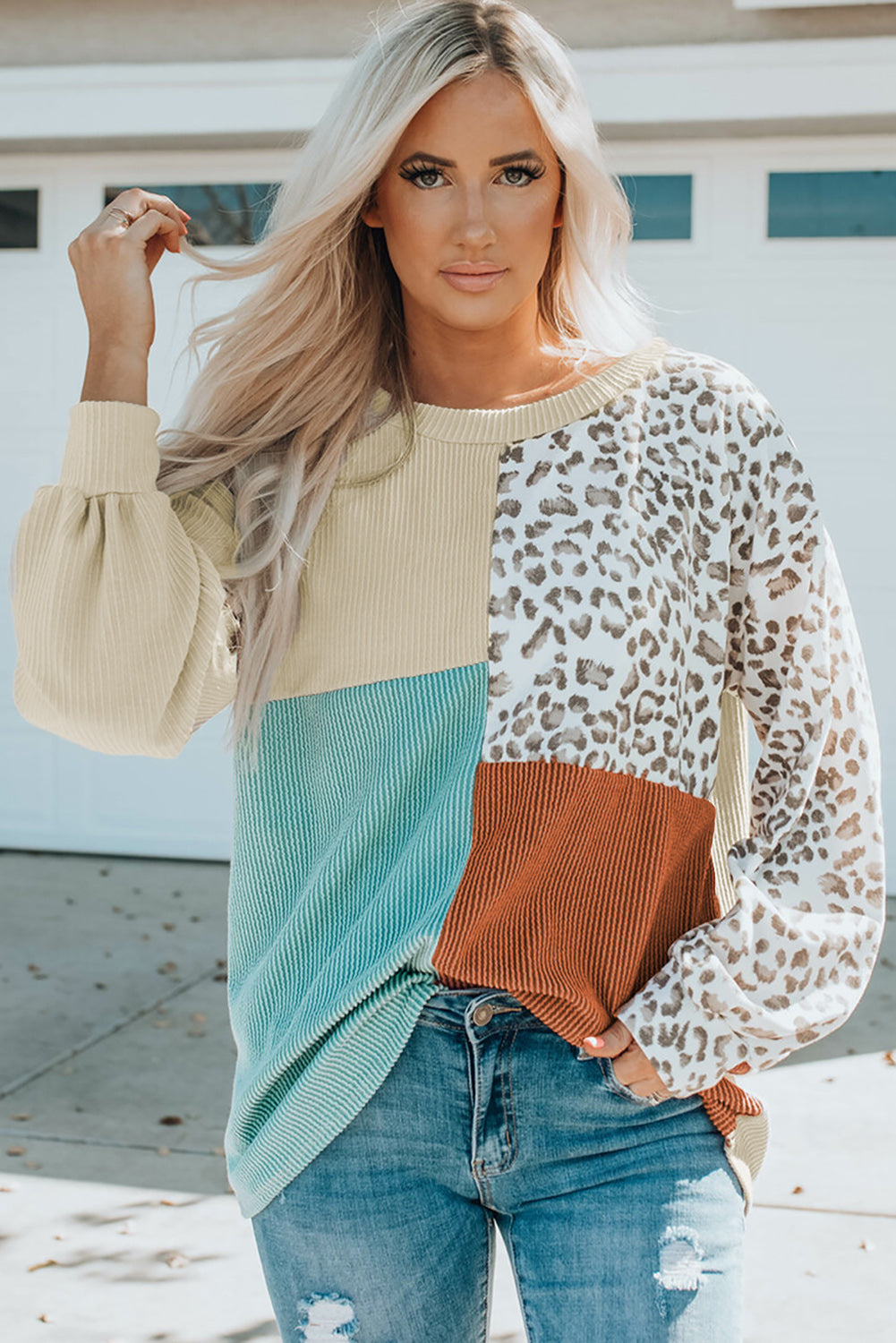 Leopard Block - Contrast Color Leopard Print Round Neck Long Sleeves Sweater Blouse (7517820813400)