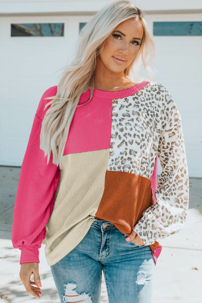 Leopard Block - Contrast Color Leopard Print Round Neck Long Sleeves Sweater Blouse (7517820813400)
