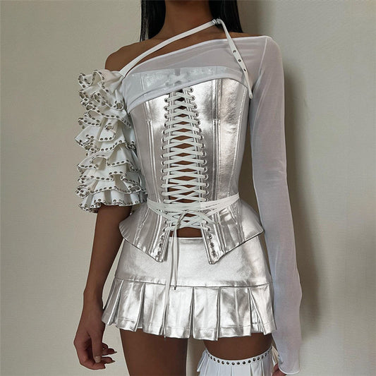 Metallic Coated Faux Leather Cropped Sheath Skirt Set