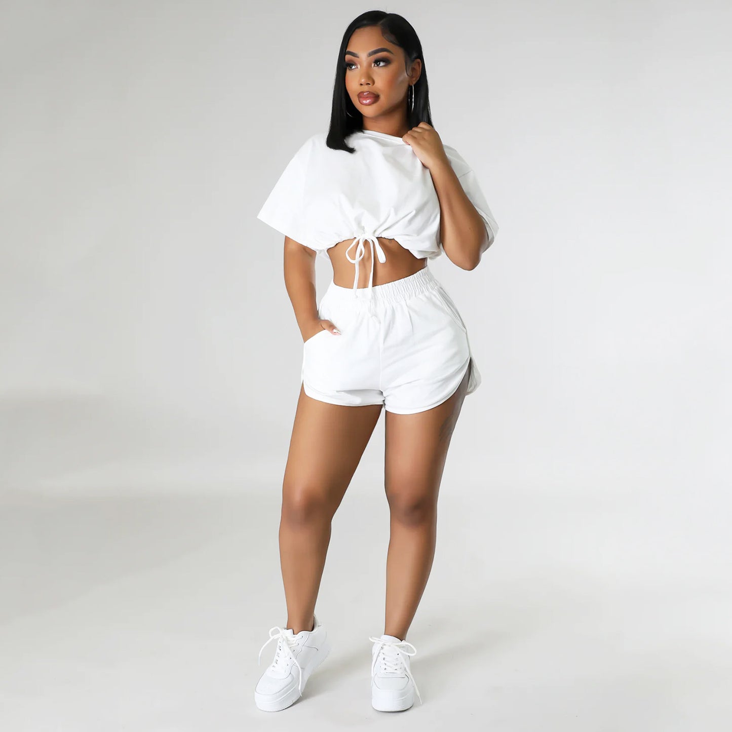 Solid Color Lace-Up Shorts & Crop-Top Two-Piece Set (7524301930584)