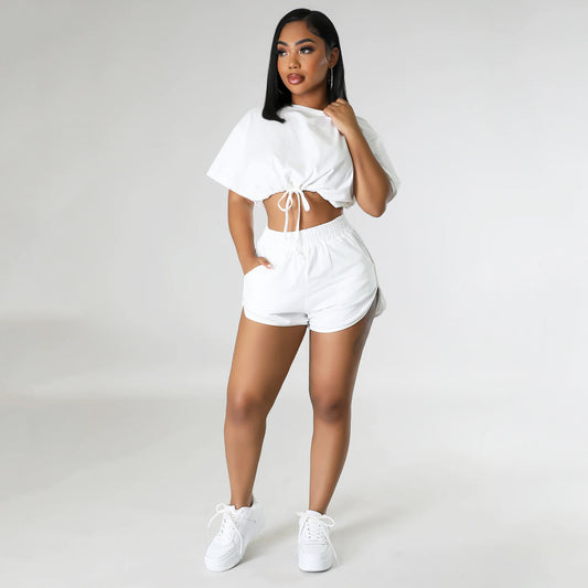 Solid Color Lace-Up Shorts & Crop-Top Two-Piece Set (7524301930584)