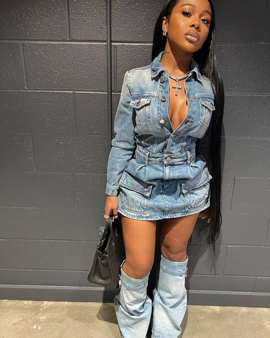 Multi-Pocket Denim Dress Three Piece-Set Including Anklets (7516489941080)